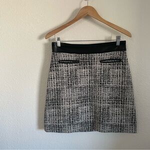 Karl Lagerfeld Tweed Black White Mini Skirt Faux Leather Waist Contrast Academia